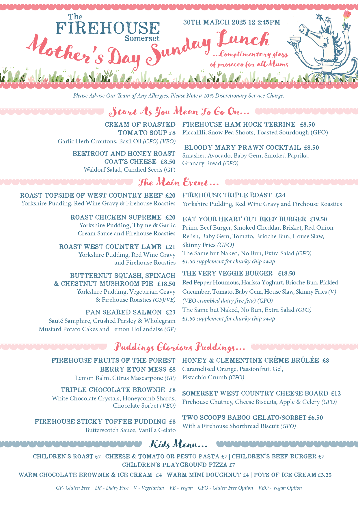 Mother's Day Sunday menu 2025